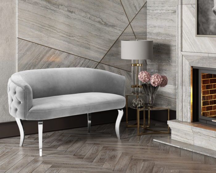 ADINA GREY VELVET LOVESEAT WITH SILVER LEGS