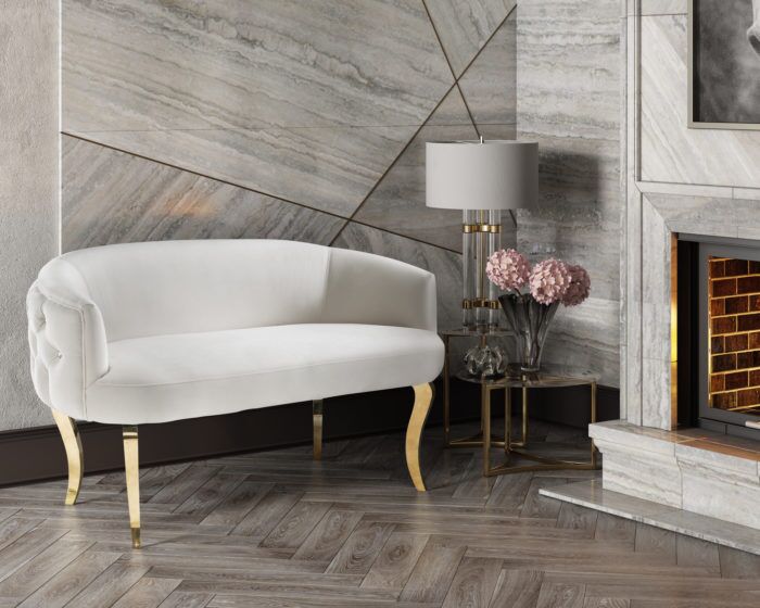 ADINA CREAM VELVET LOVESEAT WITH GOLD LEGS