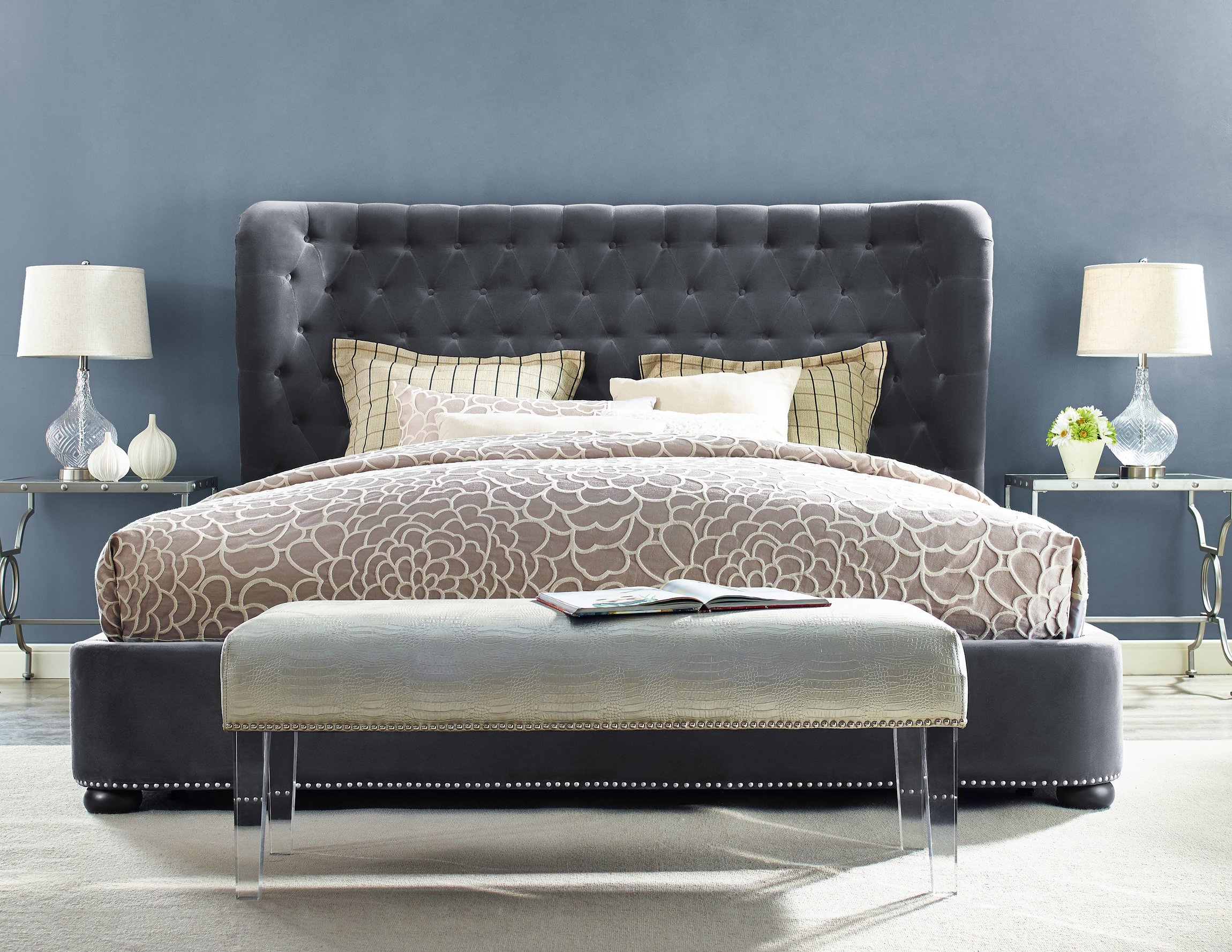 FINLEY GREY VELVET BED IN QUEEN - Michele Pelafas