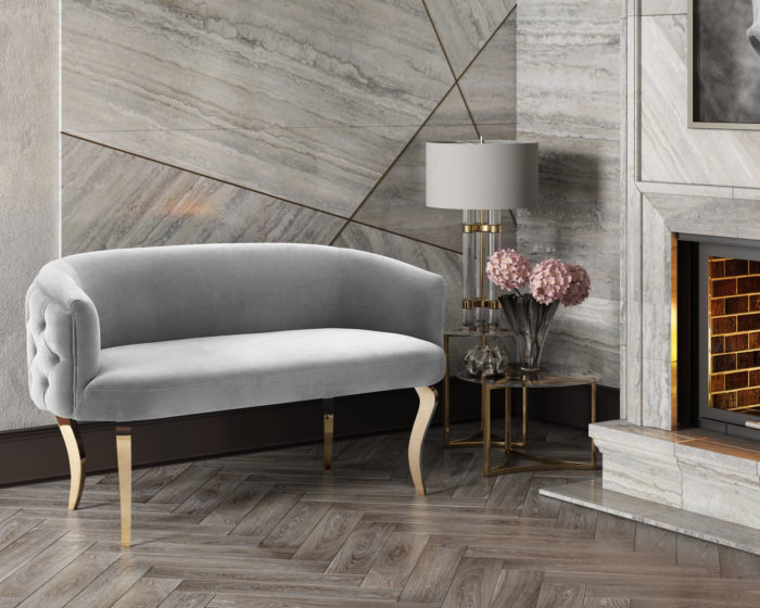 ADINA GREY VELVET LOVESEAT WITH GOLD LEGS