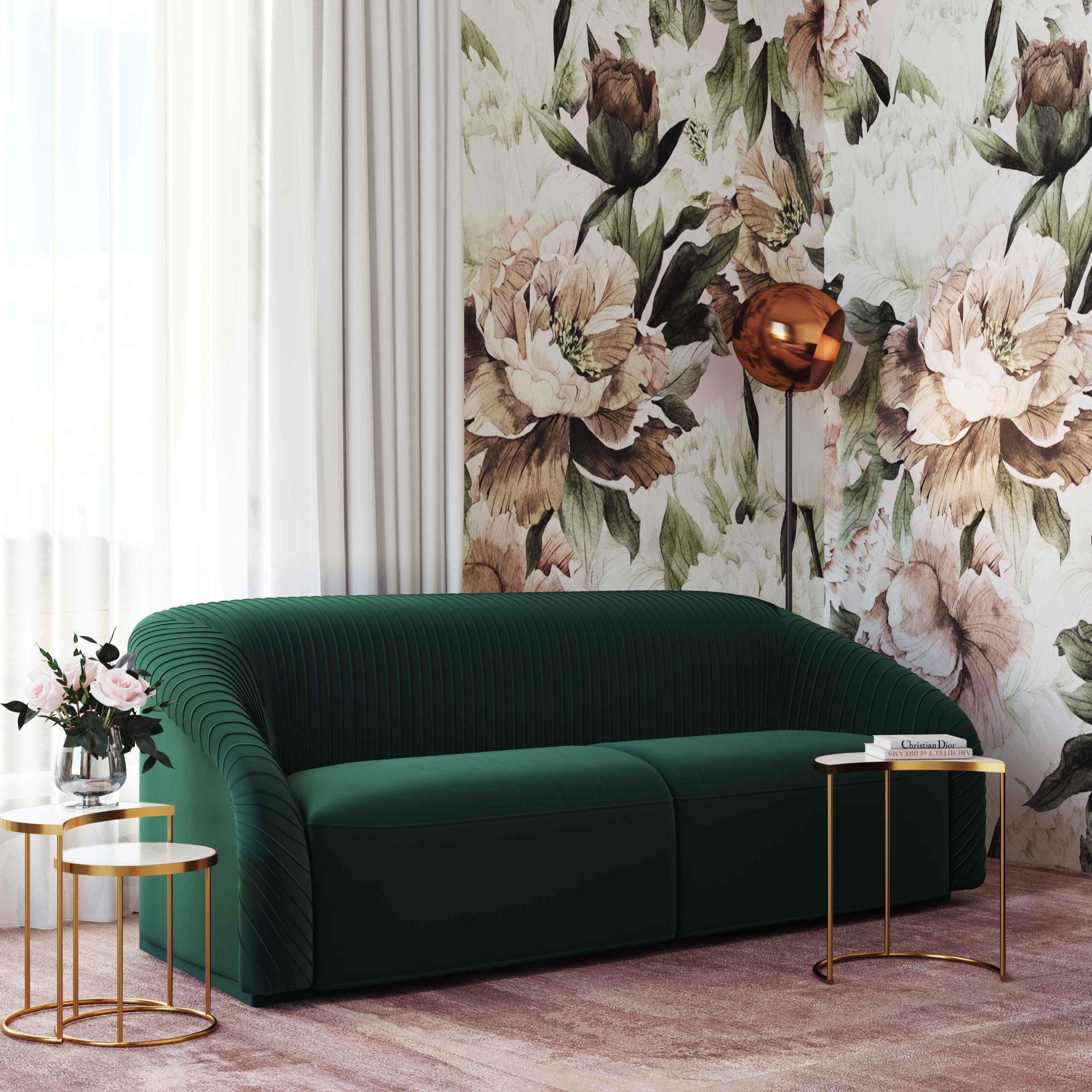 Yara Pleated Forest Green Velvet Sofa