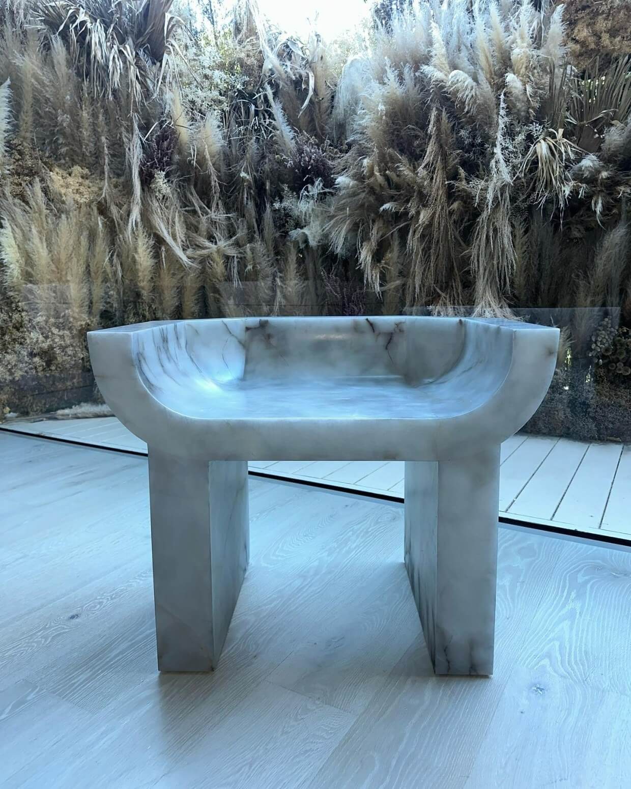Kim shares a photo of a favorite carved, marble chair in her home in Hidden Hills outside of Los Angeles