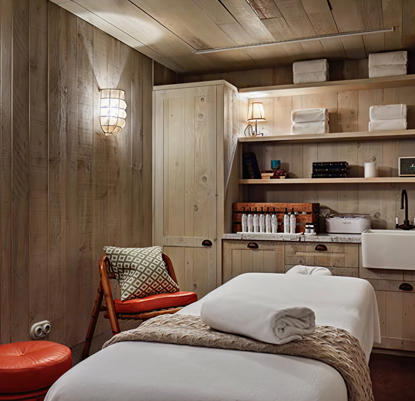 Head spa bed in a spa room with wood paneling walls