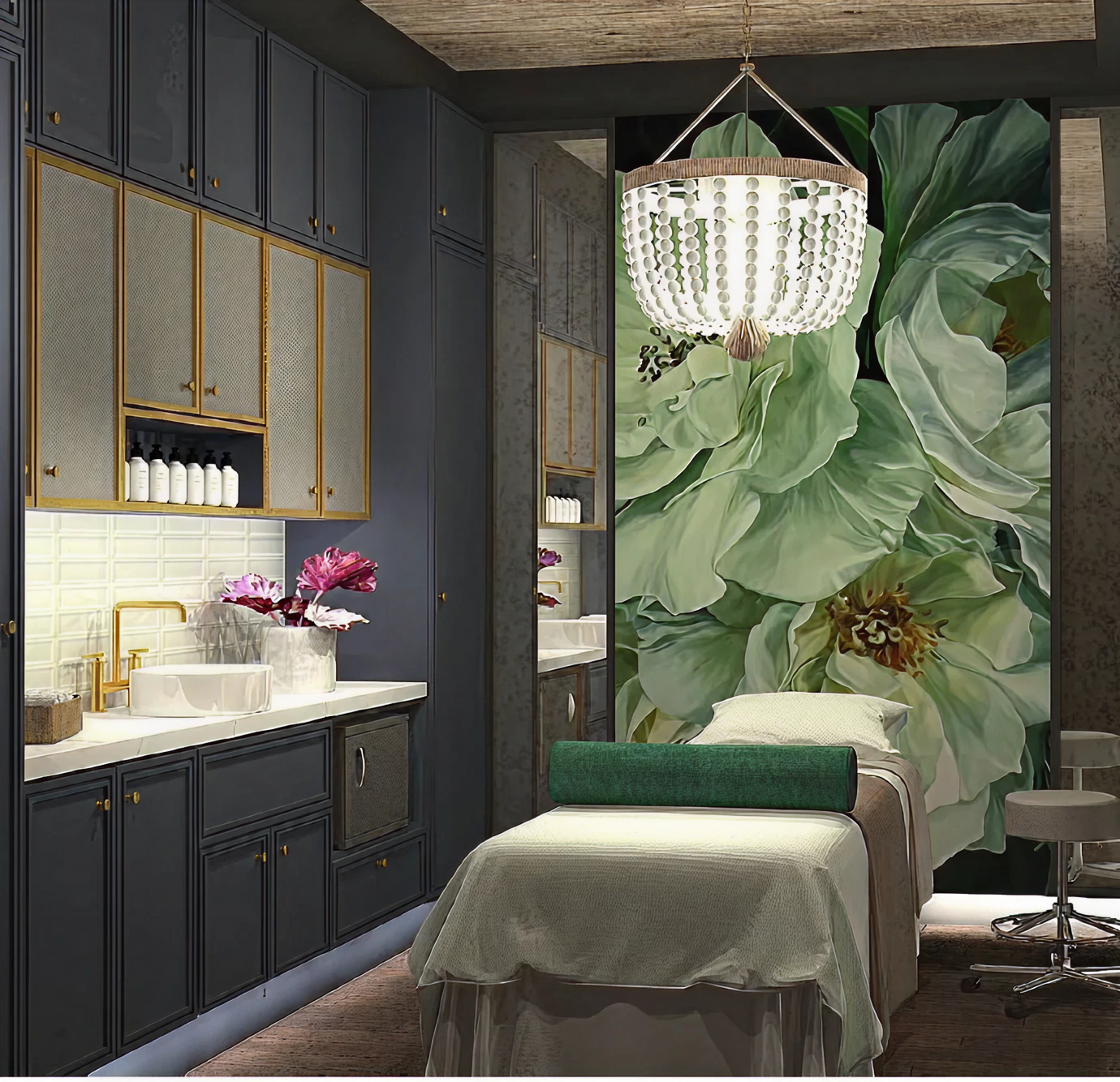 White head spa bed in the room with floral wallpaper and a chandelier