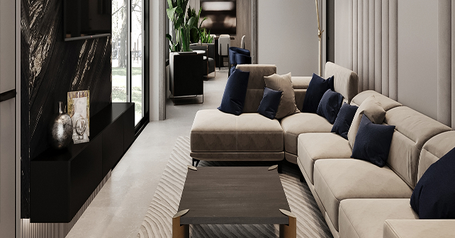 Luxury entertainment center and cream sectional sofa in a minimalist LA family room