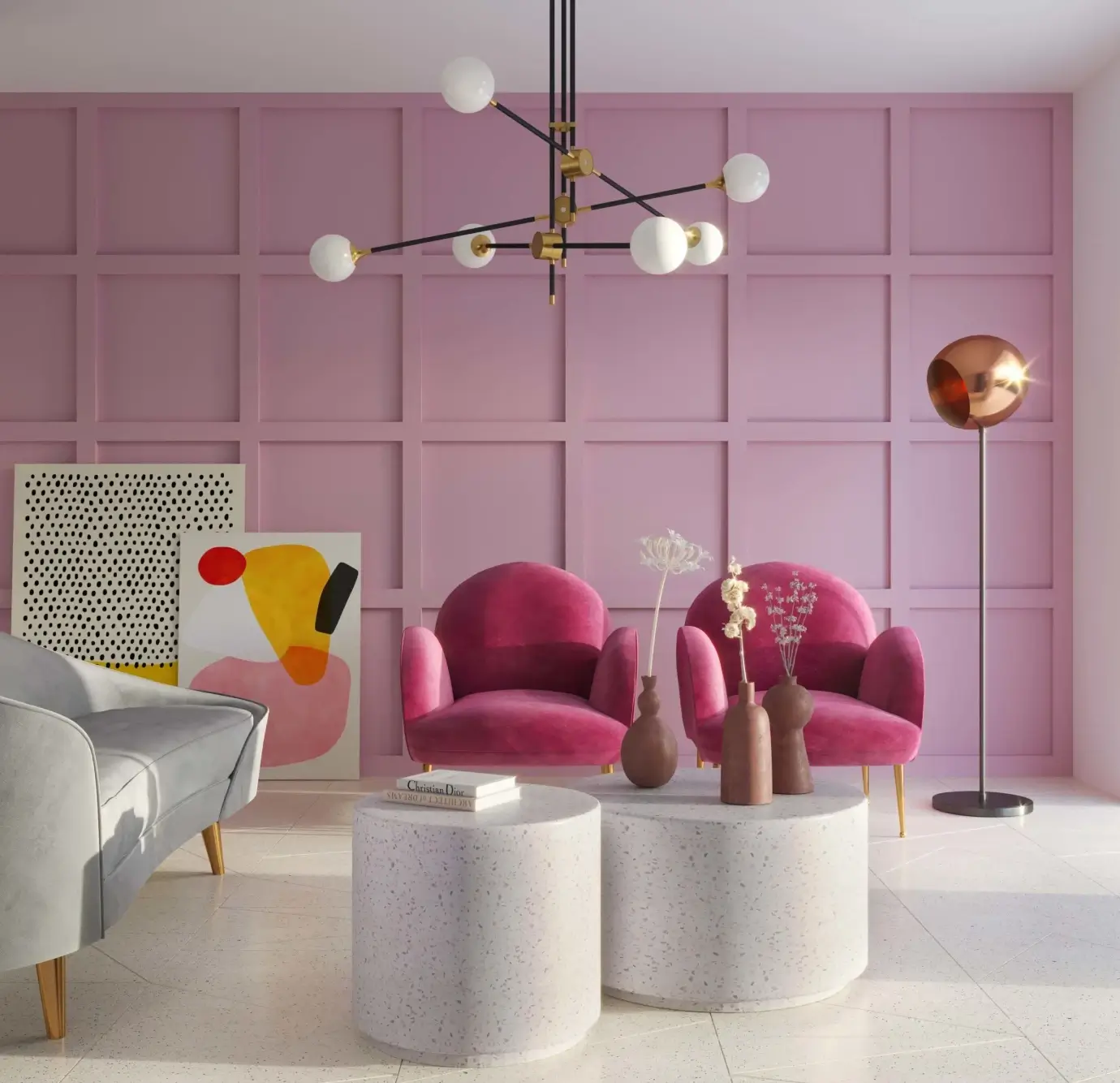 Light gray accent tables in room with light pink wall and dark pink accent chairs