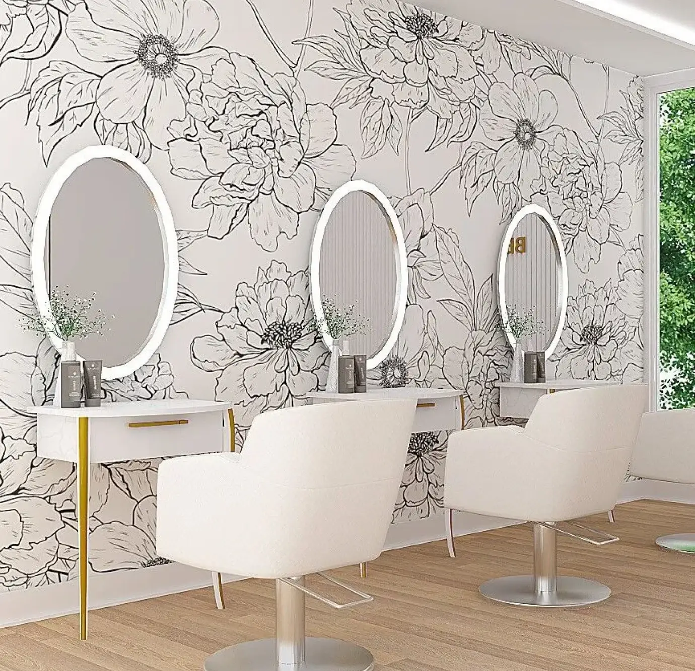 Free-standing hair salon stations in front of white salon chairs