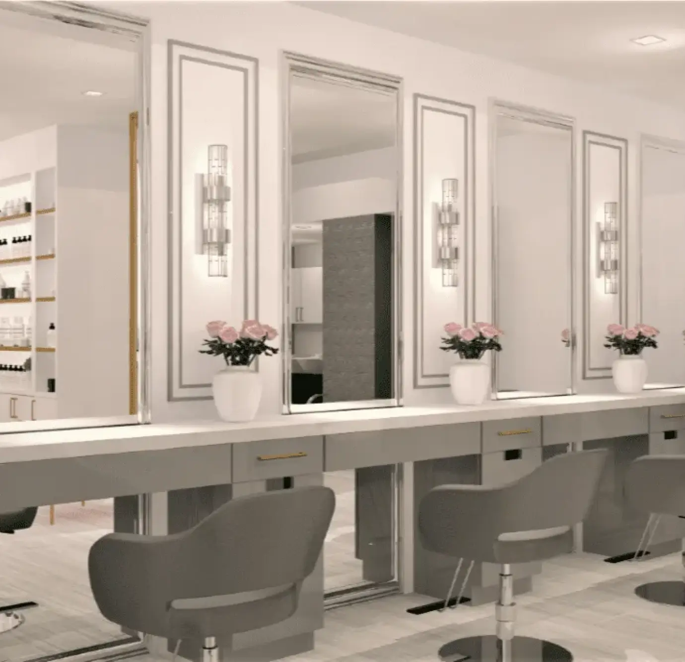 Gray salon chairs in front of white hair stations and mirrors