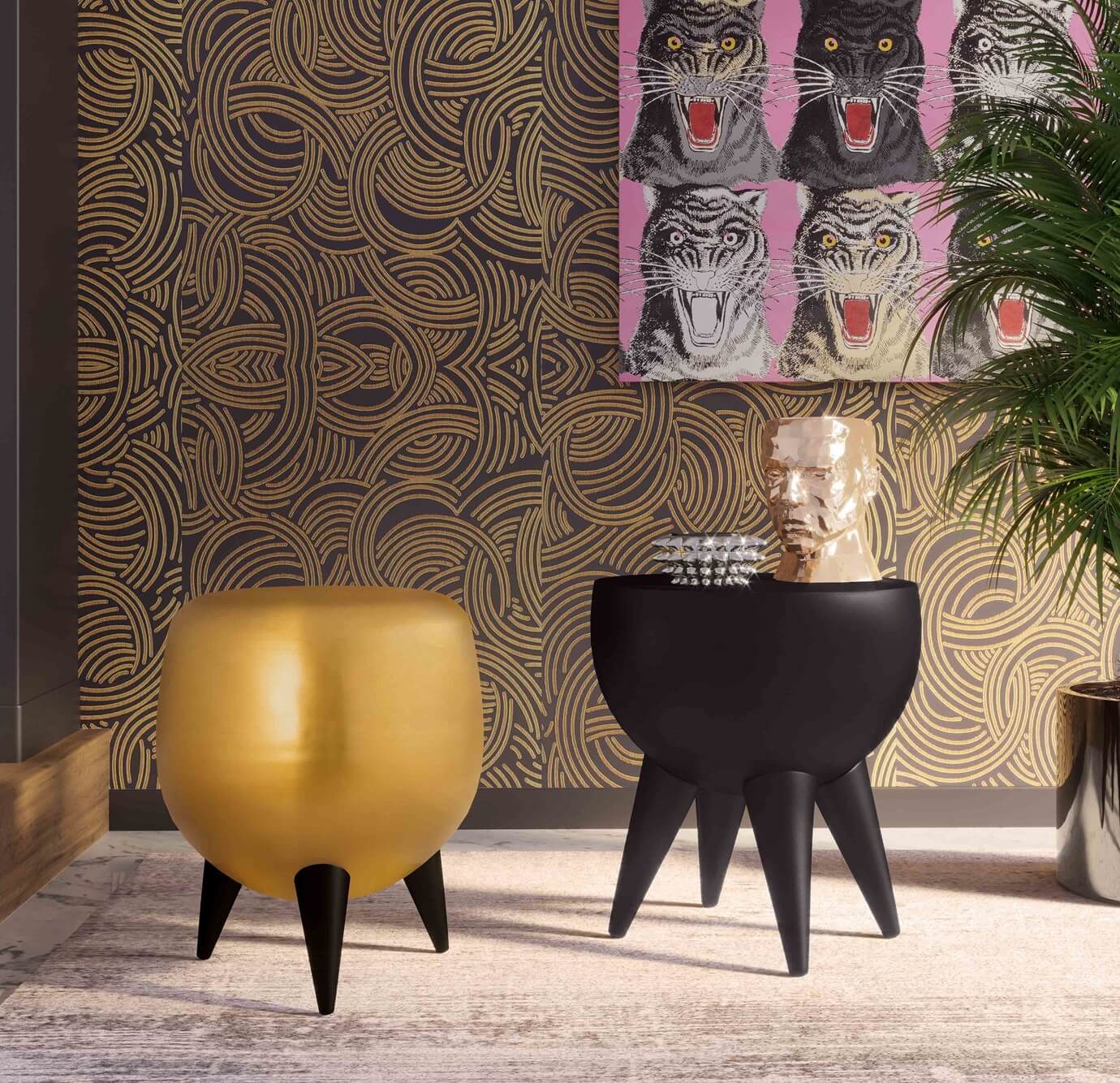 Spike Black Side Table and Spike Gold Side Table next to each other in front of artistic wall decor