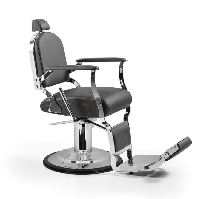 Stylish gray barbershop chair with chrome details.