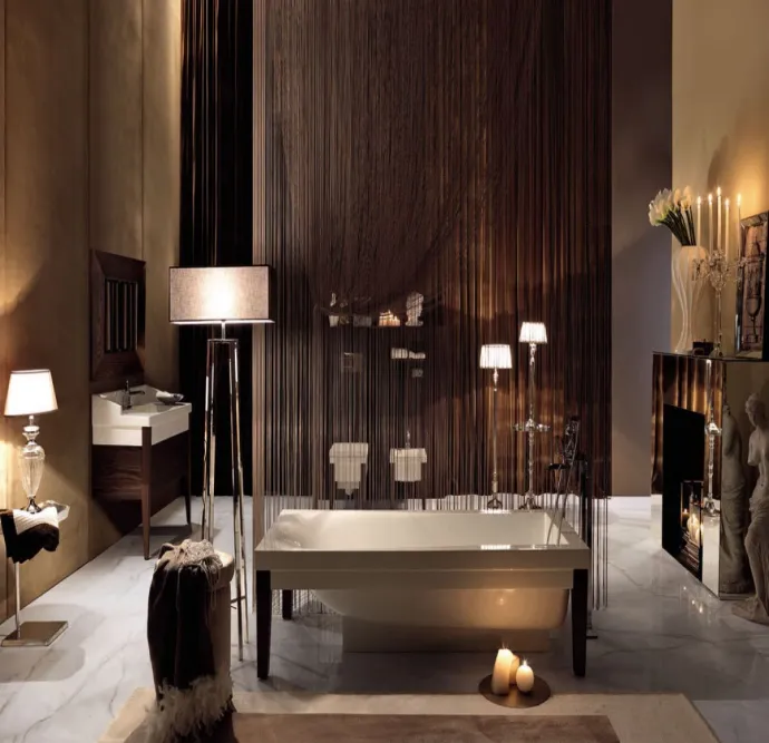 Luxurious bathroom with a free-standing soaking tub and ambient lighting.