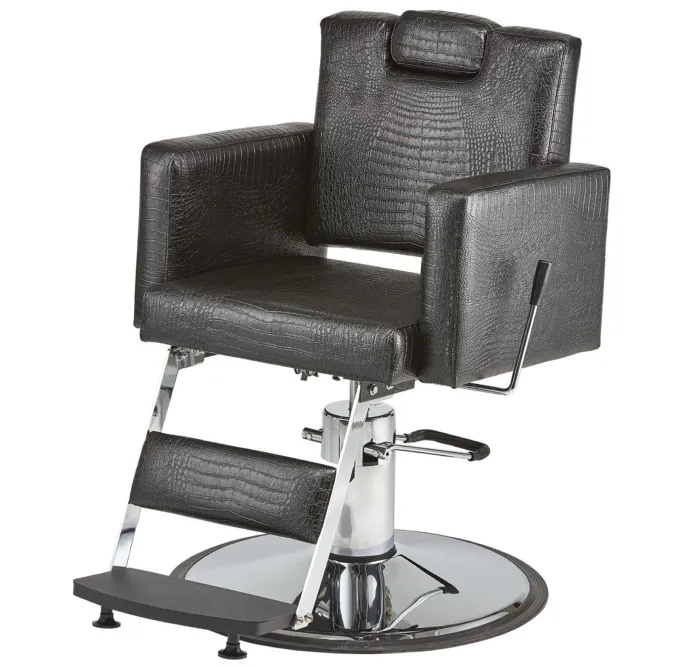 Modern black barber chair with chrome accents.