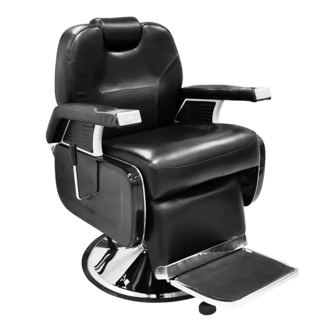 Plush black leather barber chair with a contemporary design.