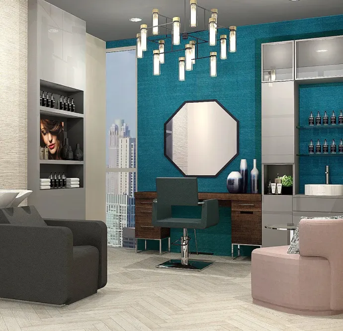 Chic salon interior with an octagonal mirror and stylish seating.