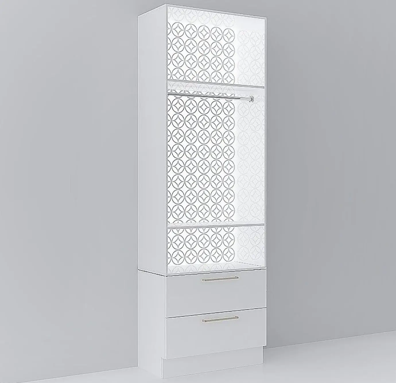 White tall wardrobe unit with decorative geometric circle pattern back panel, chrome hanging rail, two shelves, and two bottom drawers with bar handles