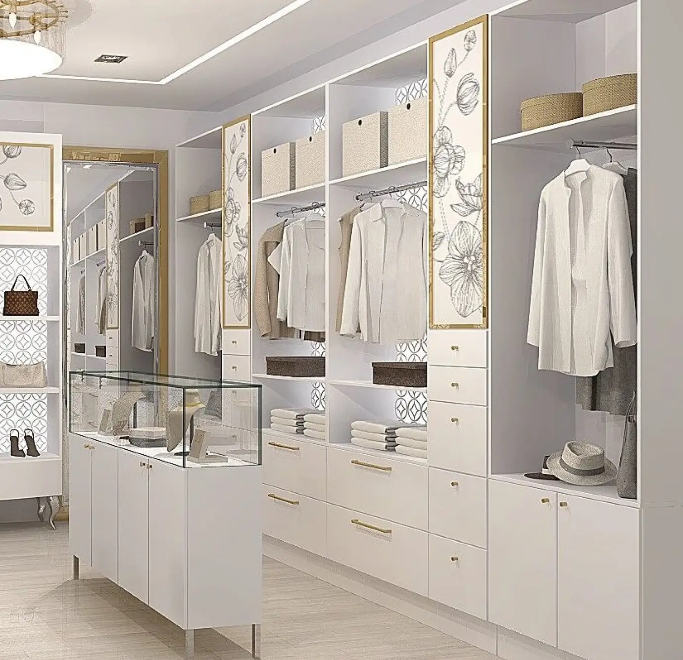 Spacious luxury walk-in closet with white open shelving units, gold-framed floral decorative back panels, geometric patterned accents, chrome hanging rails with clothes, multiple drawers with gold bar handles, a glass jewelry display case, and coved ceiling lighting
