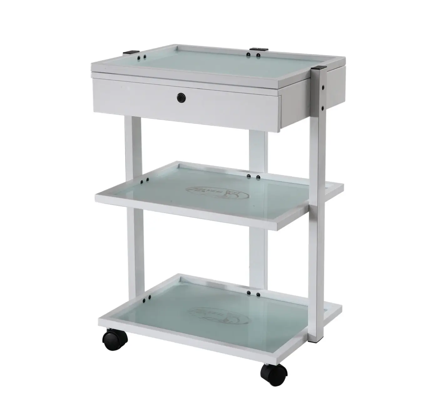 White metal rolling salon/spa trolley cart with three frosted glass shelves, one locking drawer, and four caster wheels