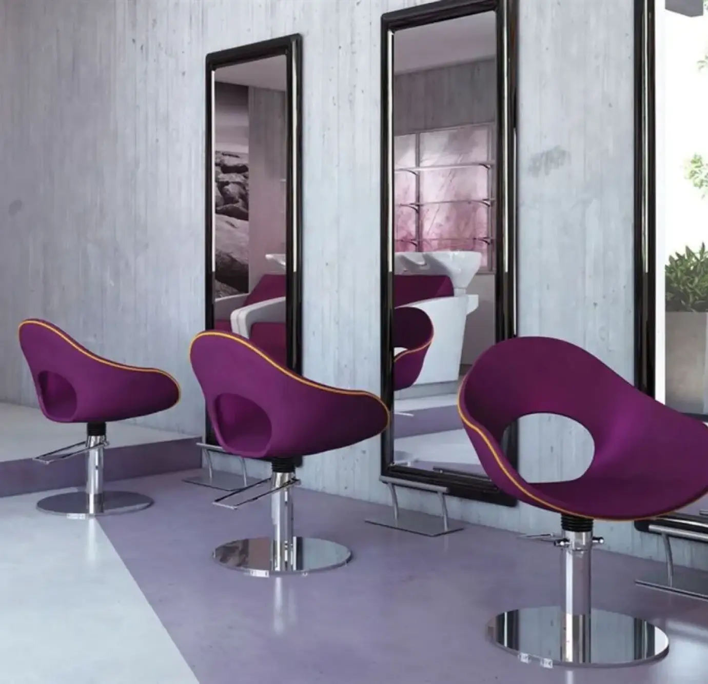 Upscale hair salon featuring bold purple styling chairs with gold trim piping, tall black-framed floor mirrors, and concrete-look walls with a lavender floor