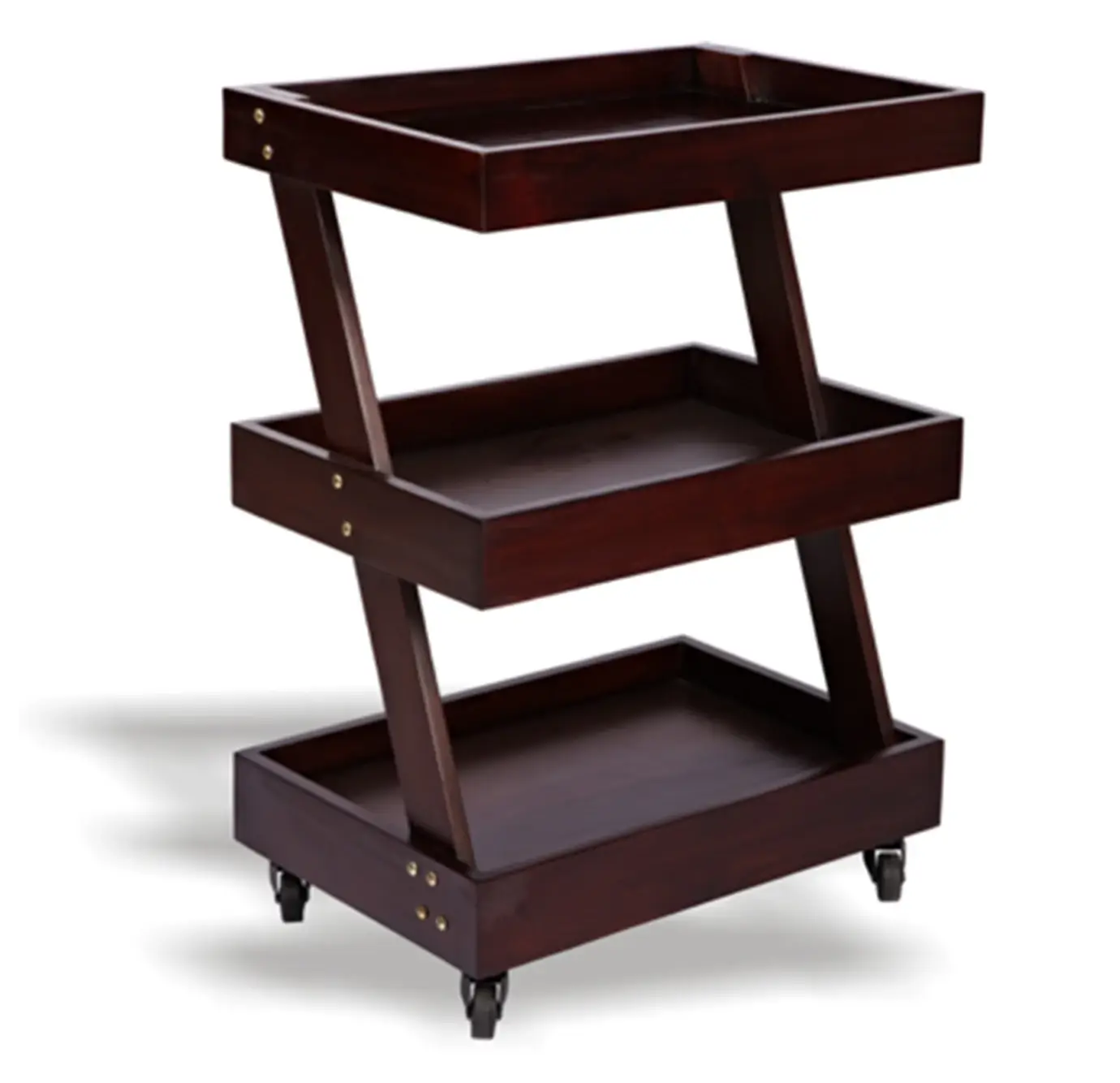 Dark walnut wood three-tier Z-shaped rolling trolley cart with lipped tray shelves and four caster wheels