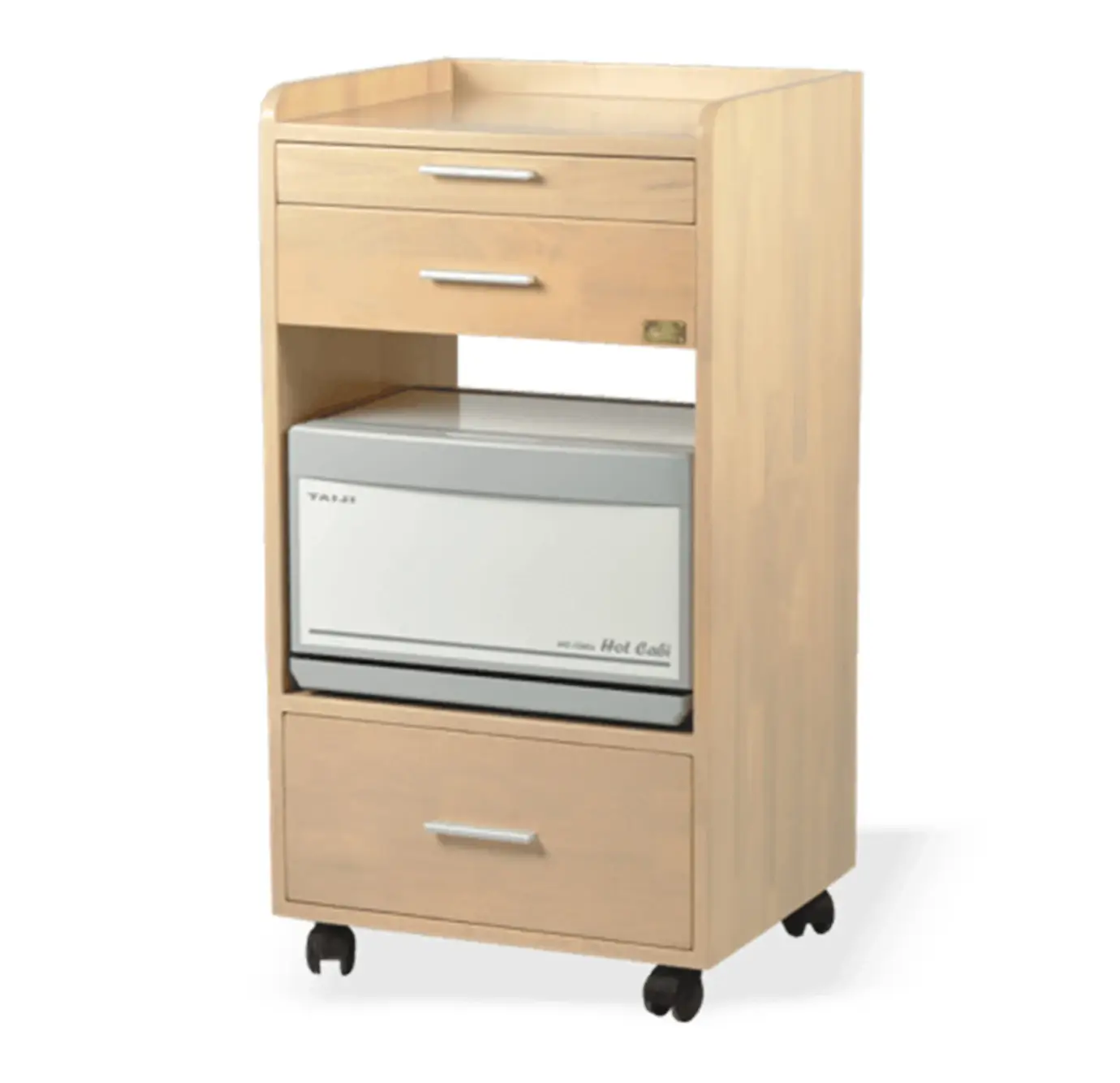 Light maple wood rolling salon cabinet with two small drawers, one large bottom drawer, open middle compartment housing a Taiji Hot Cabi towel warmer, and four caster wheels
