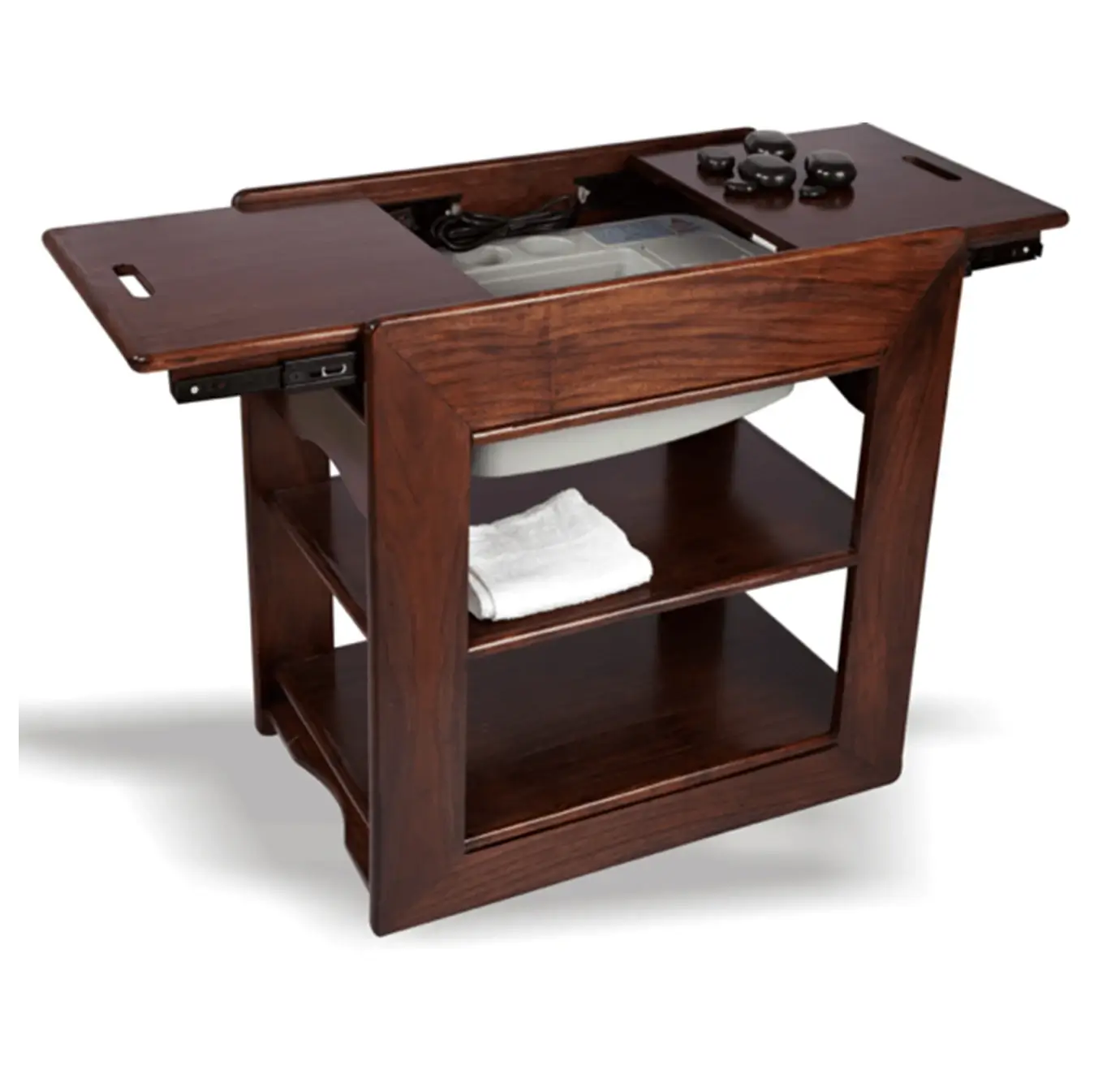 Dark walnut wood rolling hot stone massage cart with slide-open top panels revealing a built-in stone heater, two lower open shelves, and hot stones displayed on top