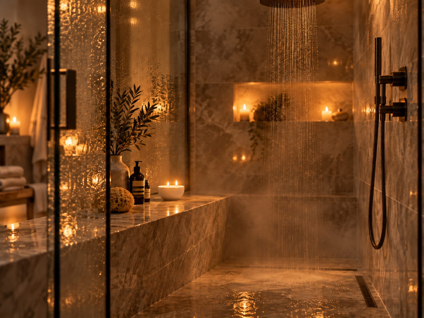 A luxury walk-in shower lit by warm, low candlelight and steam
