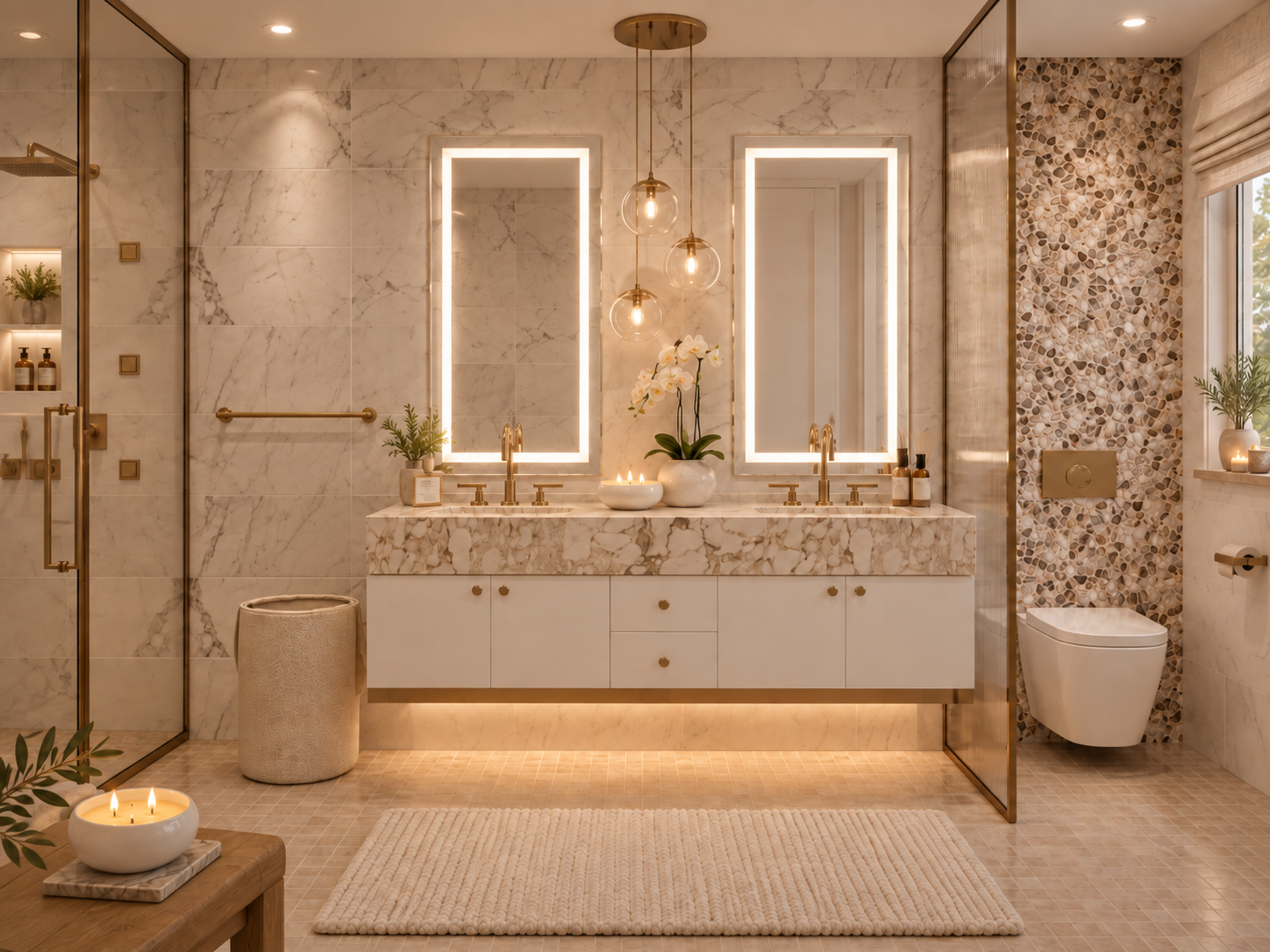A spa-inspired bathroom by Michele Pelafas with dimmable, layered lighting and concealed storage